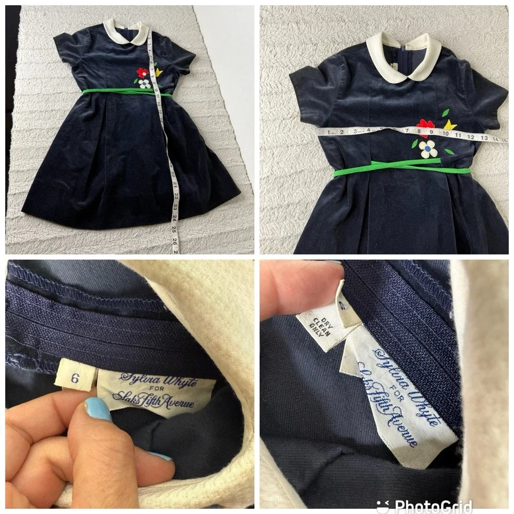 Sylvia Whyte Saks Fifth Avenue Blue Flower Velvet Dress Girls 6 *See Measurement